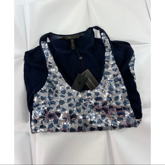BCBG Maxazaria Womens Sz S Navy Blue Sequin Leopard Print Sweater Tank NEW - Picture 5 of 8